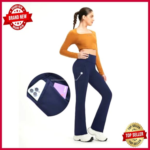 Fleece Lined Mini Flare Leggings High Waisted 4 Pockets Yoga Workout Pants - Picture 5 of 7